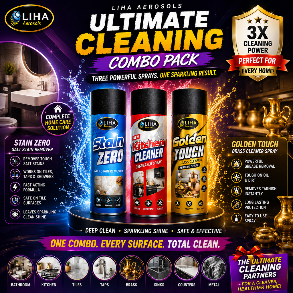 LIHA Ultimate Home Cleaning Combo – Kitchen Cleaner + Stain ZERO + Golden Touch | 3 Product Combo Pack