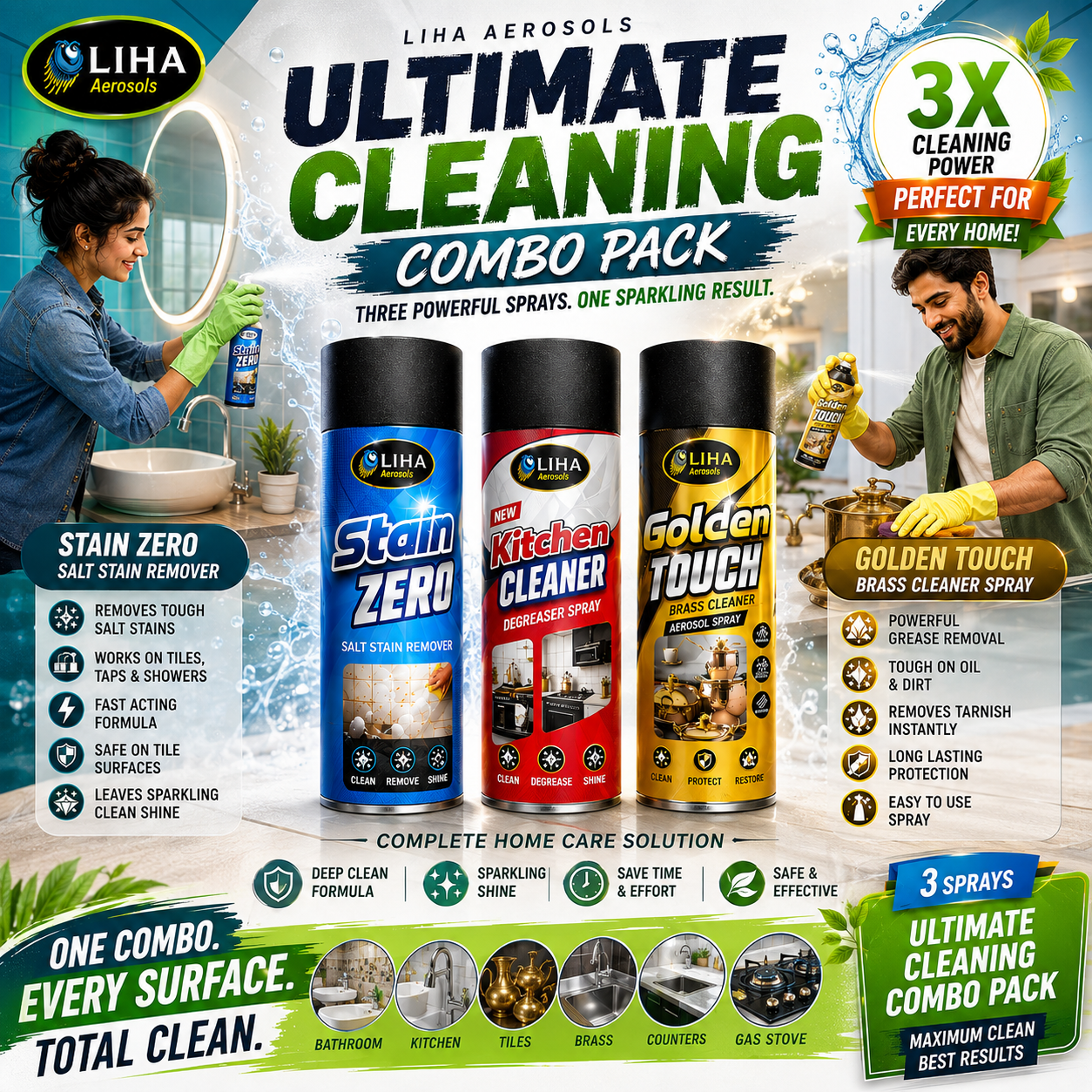 LIHA Ultimate Home Cleaning Combo – Kitchen Cleaner + Stain ZERO + Golden Touch | 3 Product Combo Pack