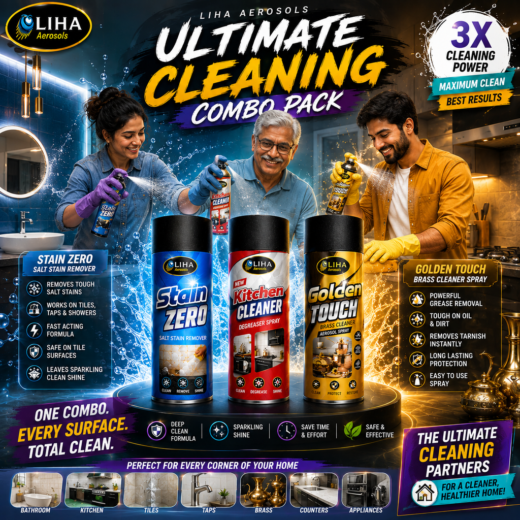 LIHA Ultimate Home Cleaning Combo – Kitchen Cleaner + Stain ZERO + Golden Touch | 3 Product Combo Pack