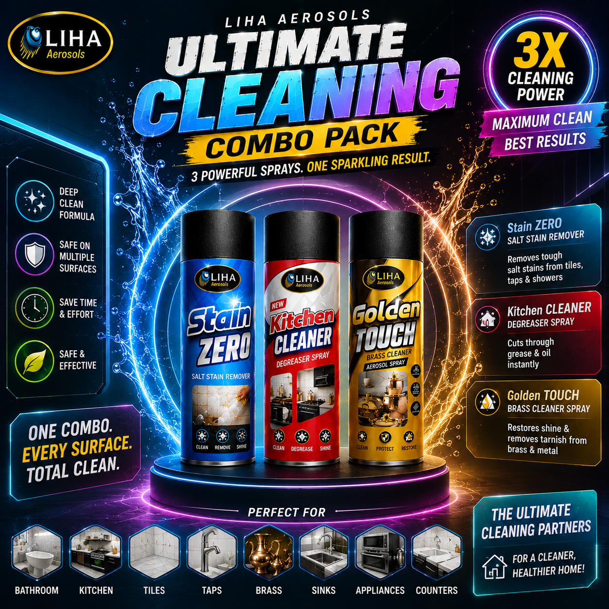 LIHA Ultimate Home Cleaning Combo – Kitchen Cleaner + Stain ZERO + Golden Touch | 3 Product Combo Pack