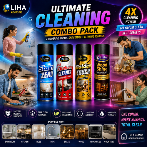 LIHA Complete Home Care Combo – Kitchen Cleaner + Stain ZERO + Golden Touch + Wood Shine | 4 Product Combo Pack