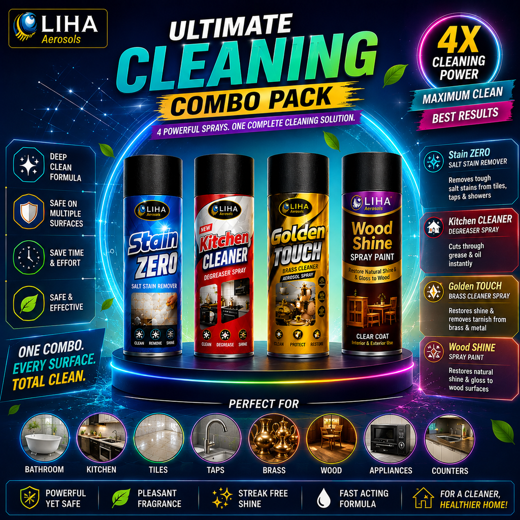 LIHA Complete Home Care Combo – Kitchen Cleaner + Stain ZERO + Golden Touch + Wood Shine | 4 Product Combo Pack