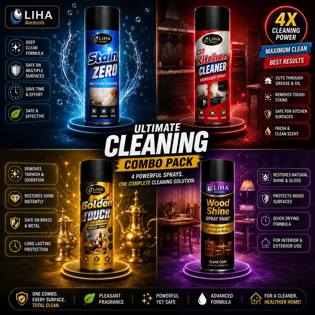 LIHA Complete Home Care Combo – Kitchen Cleaner + Stain ZERO + Golden Touch + Wood Shine | 4 Product Combo Pack