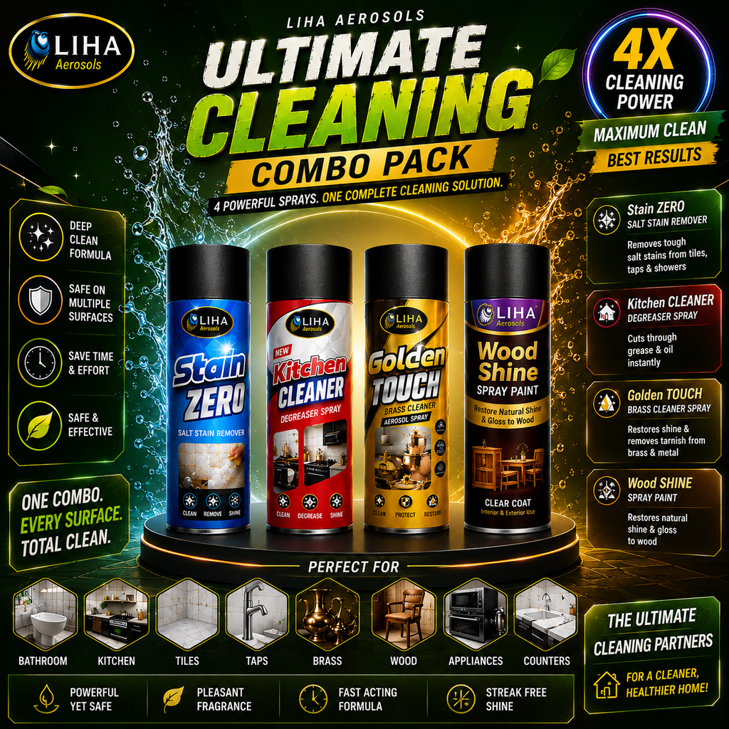LIHA Complete Home Care Combo – Kitchen Cleaner + Stain ZERO + Golden Touch + Wood Shine | 4 Product Combo Pack