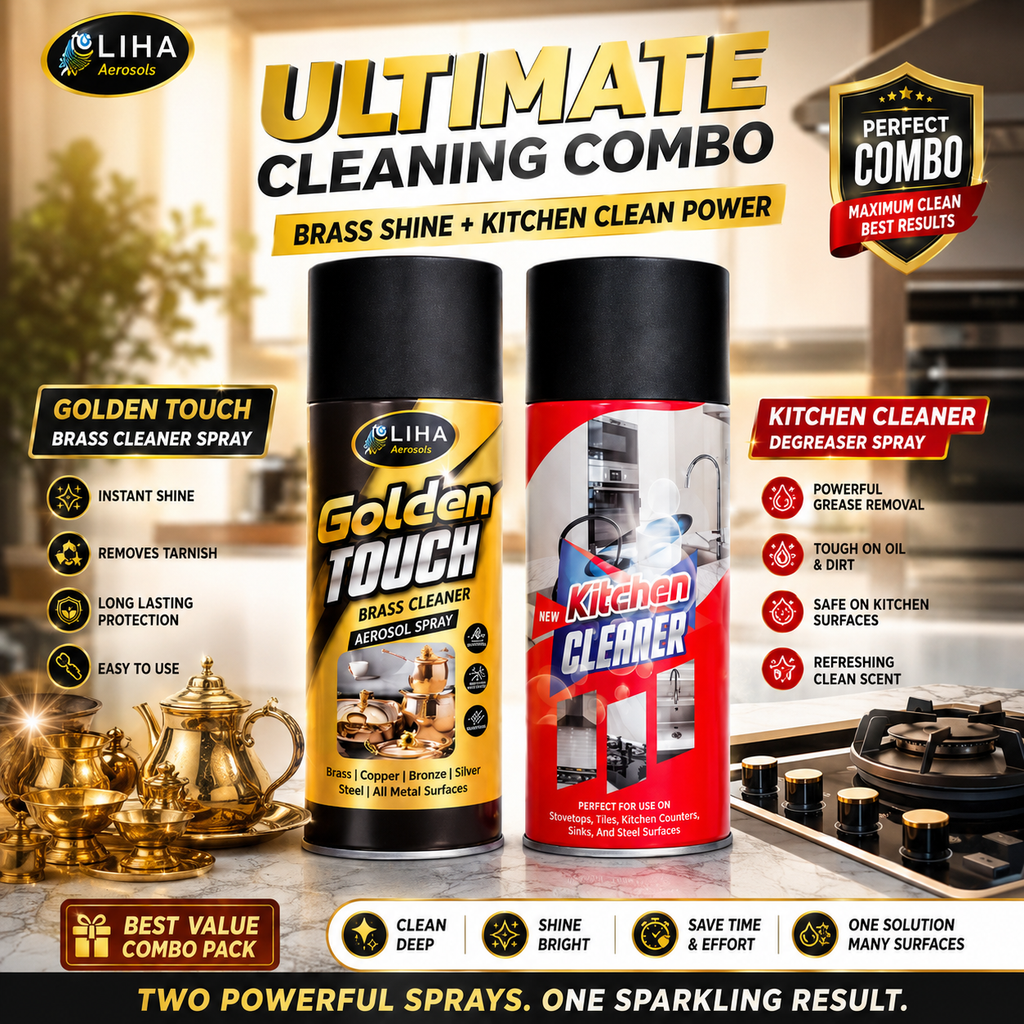 LIHA Ultimate Kitchen & Brass Cleaning Combo – Kitchen Cleaner 400ml + Golden Touch Brass Cleaner Spray