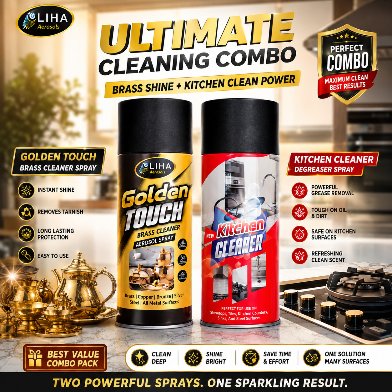 LIHA Ultimate Kitchen & Brass Cleaning Combo – Kitchen Cleaner 400ml + Golden Touch Brass Cleaner Spray