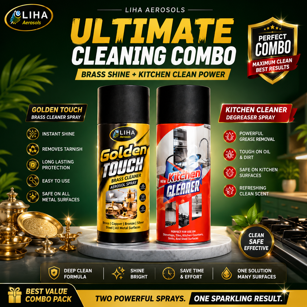 LIHA Ultimate Kitchen & Brass Cleaning Combo – Kitchen Cleaner 400ml + Golden Touch Brass Cleaner Spray