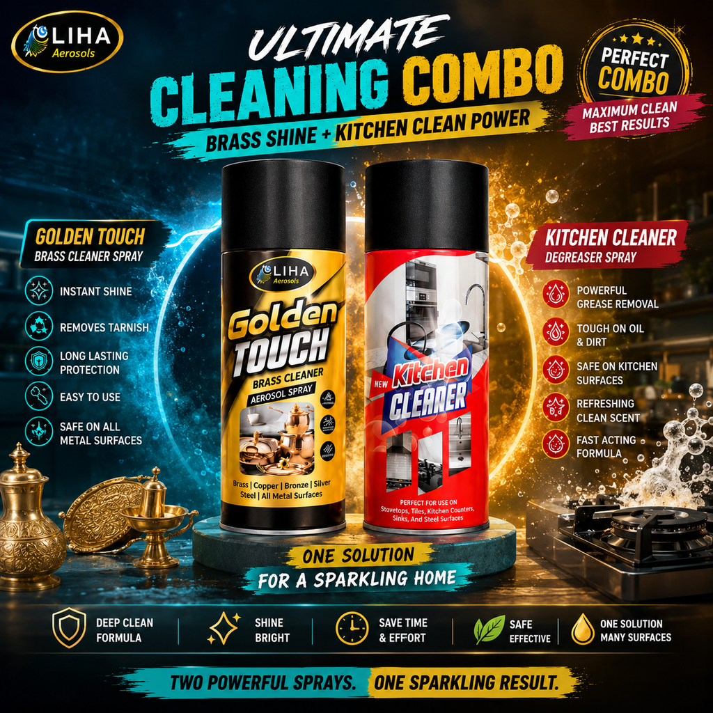 LIHA Ultimate Kitchen & Brass Cleaning Combo – Kitchen Cleaner 400ml + Golden Touch Brass Cleaner Spray