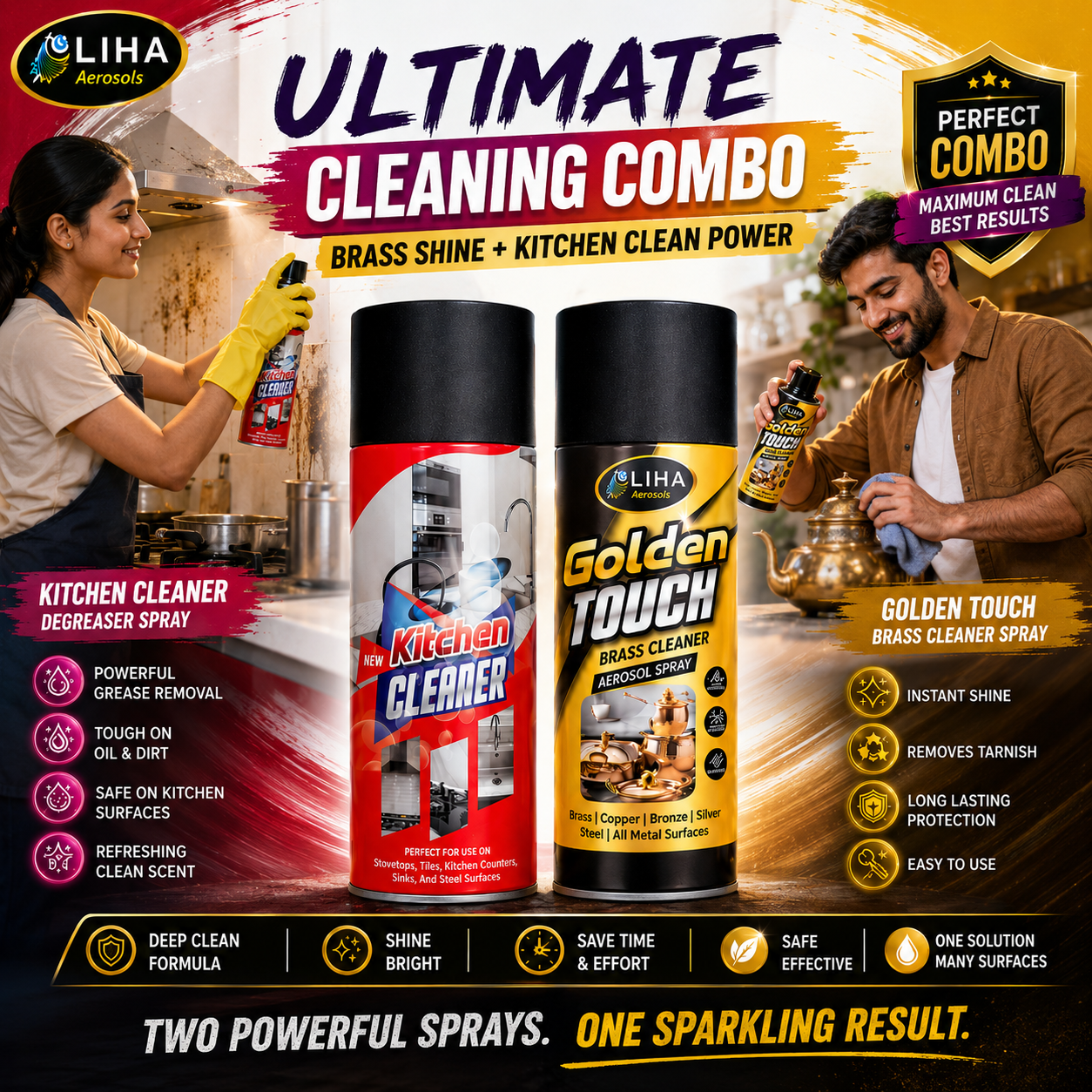 LIHA Ultimate Kitchen & Brass Cleaning Combo – Kitchen Cleaner 400ml + Golden Touch Brass Cleaner Spray