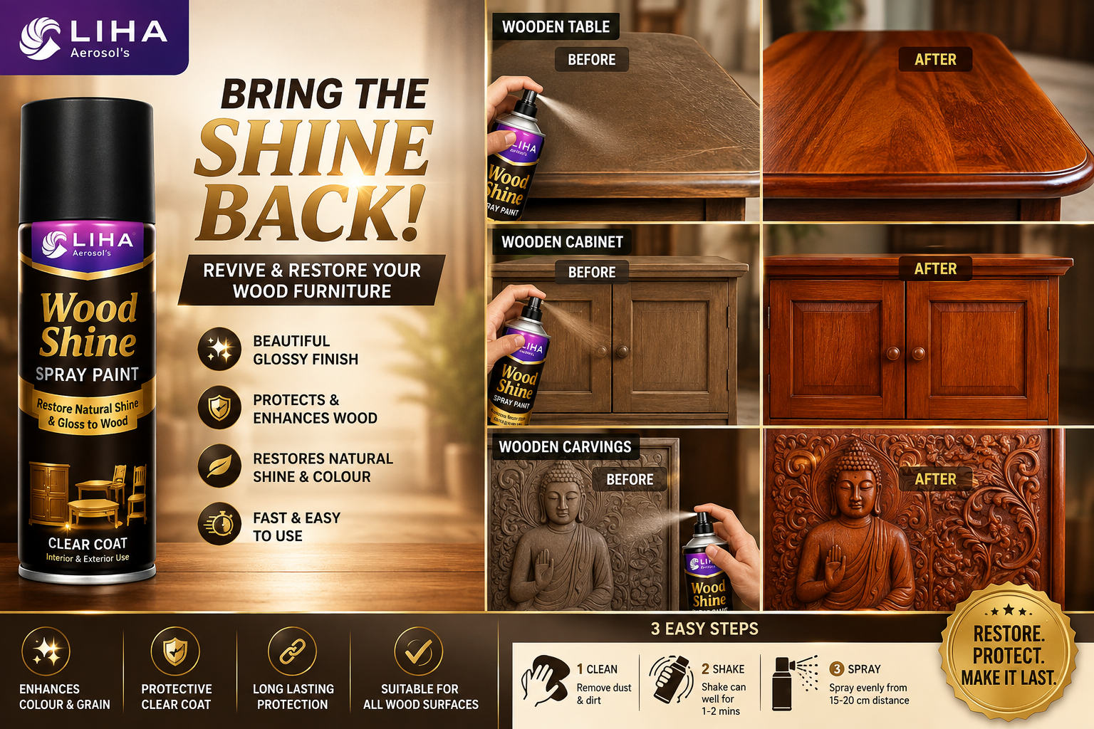 LIHA Wood Shine Spray – Restore Natural Shine & Gloss to Wood