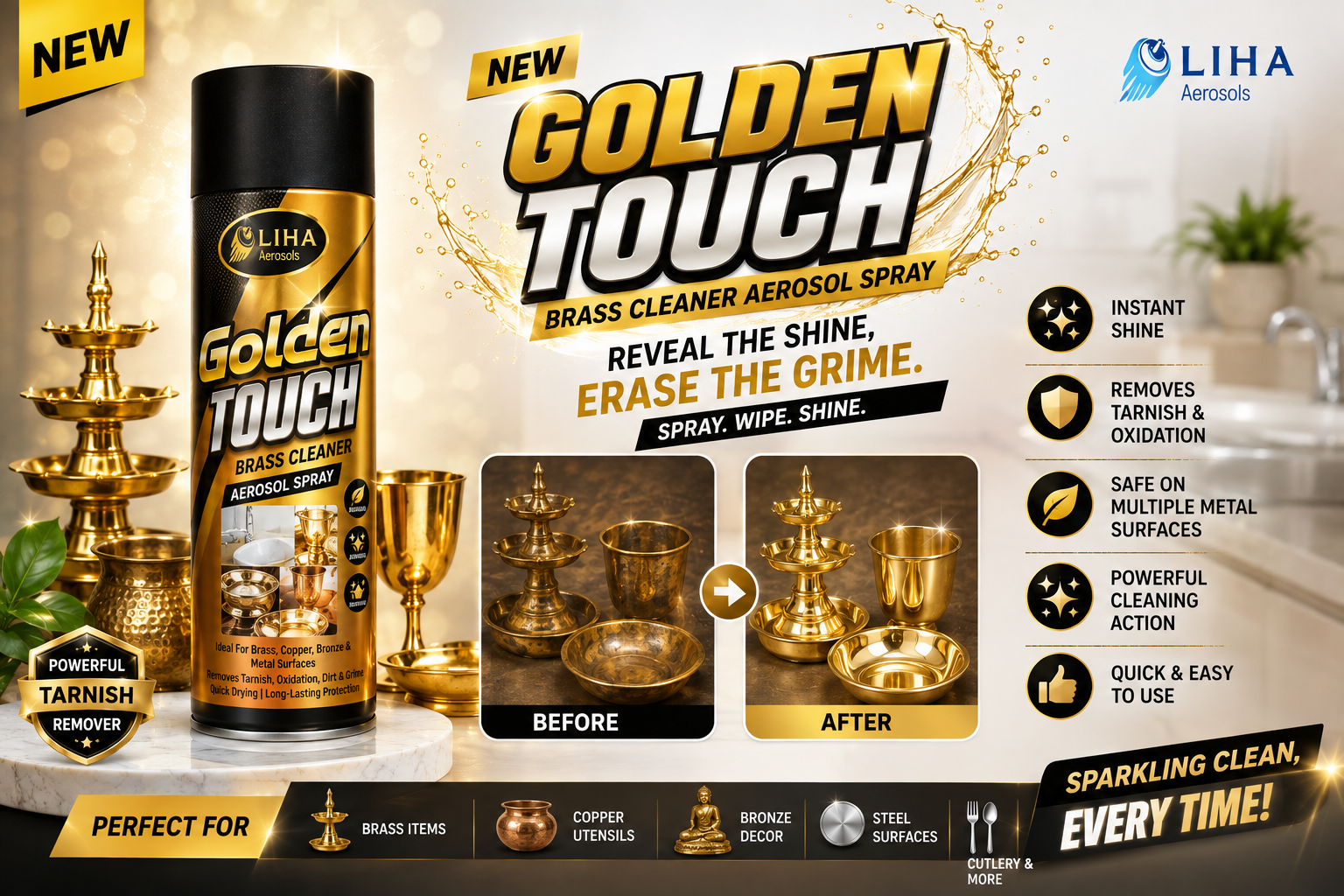 LIHA Golden Touch Brass Cleaner Spray – Removes Tarnish & Restores Shine Instantly
