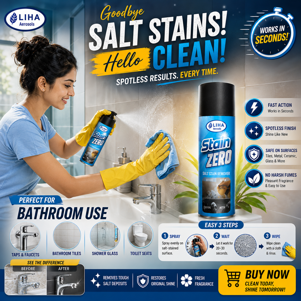 LIHA Stain ZERO Salt Stain Remover Spray 500ml – Powerful White Salt Deposit & Hard Water Stain Cleaner
