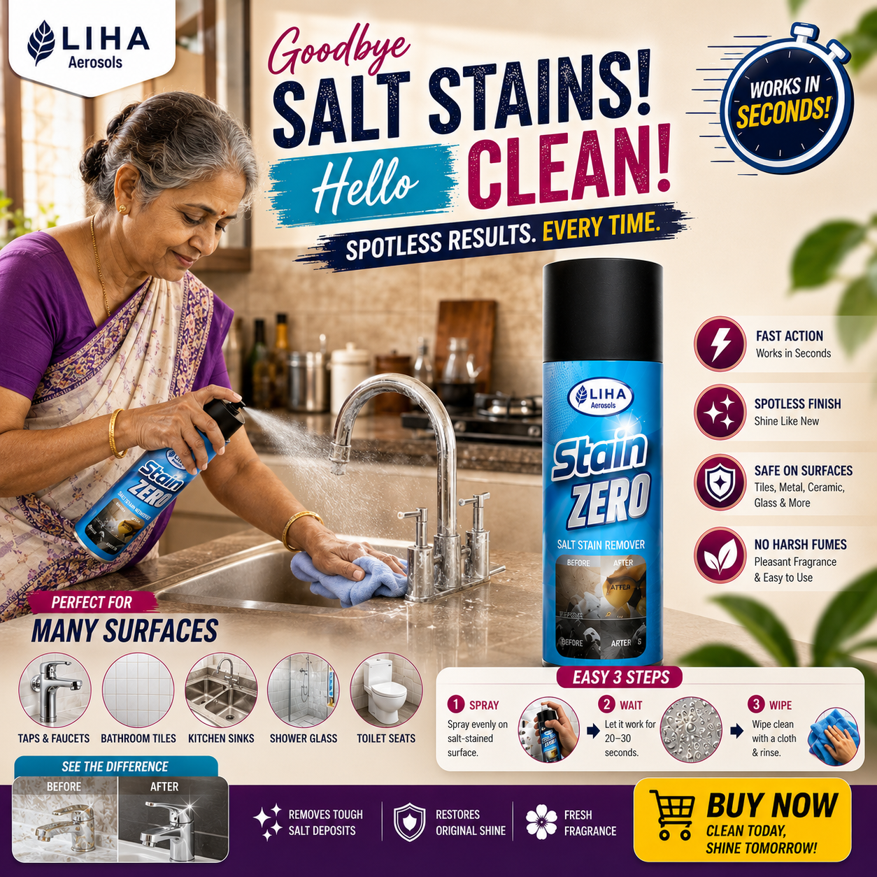 LIHA Stain ZERO Salt Stain Remover Spray 500ml – Powerful White Salt Deposit & Hard Water Stain Cleaner