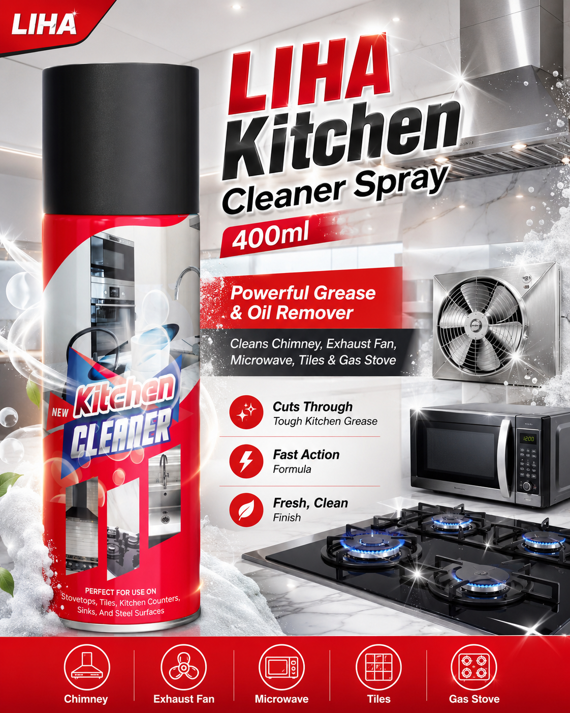 LIHA Kitchen Cleaner Spray 400ml – Powerful Grease & Oil Remover for Chimney, Exhaust Fan, Microwave, Tiles & Gas Stove
