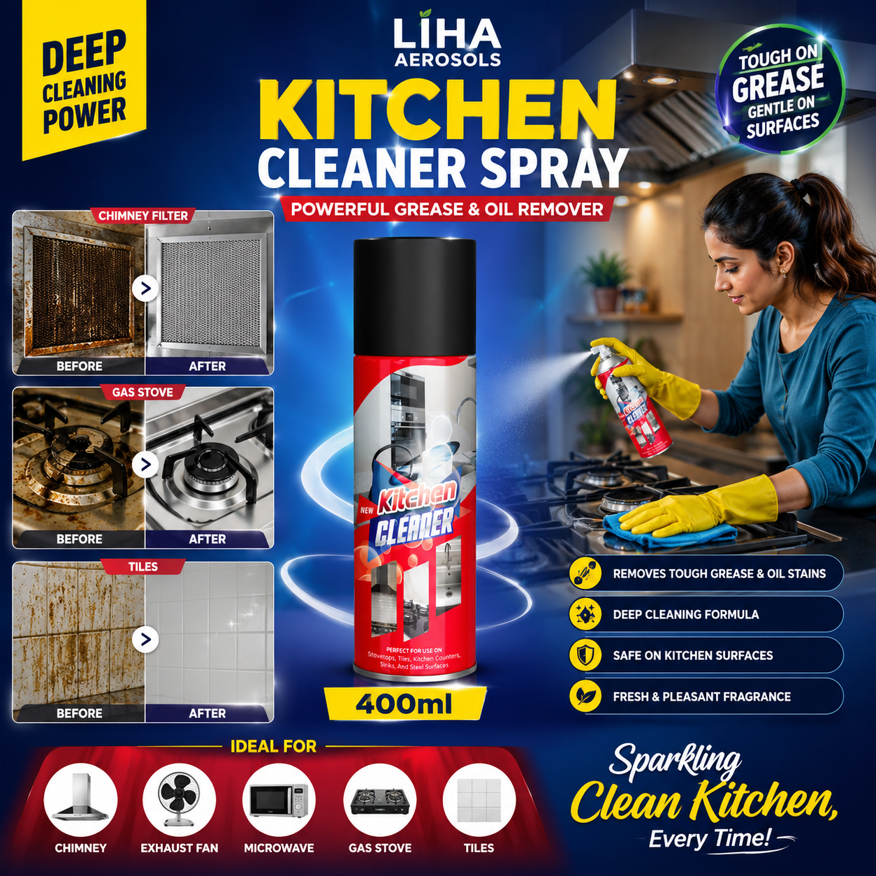 LIHA Kitchen Cleaner Spray 400ml – Powerful Grease & Oil Remover for Chimney, Exhaust Fan, Microwave, Tiles & Gas Stove