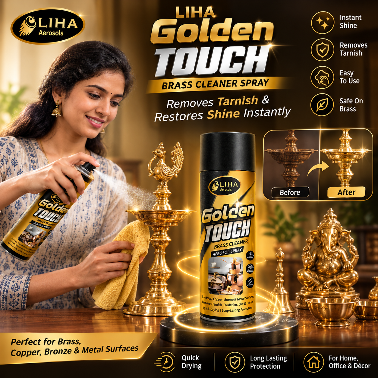 LIHA Golden Touch Brass Cleaner Spray – Removes Tarnish & Restores Shine Instantly