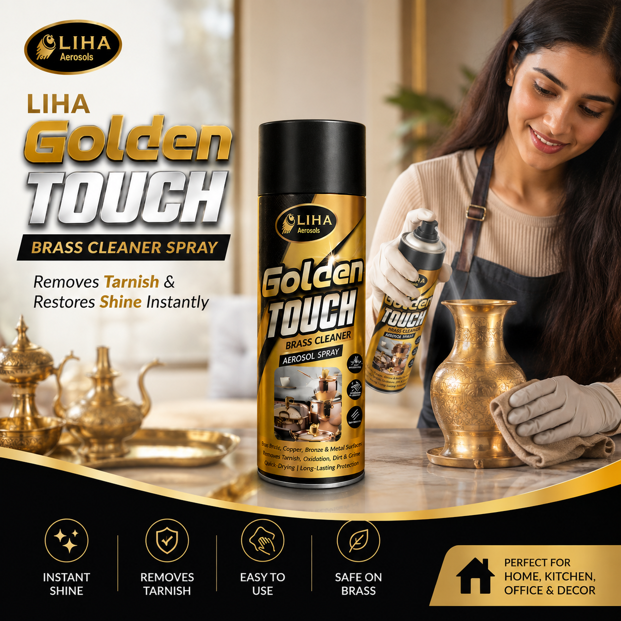 LIHA Golden Touch Brass Cleaner Spray – Removes Tarnish & Restores Shine Instantly