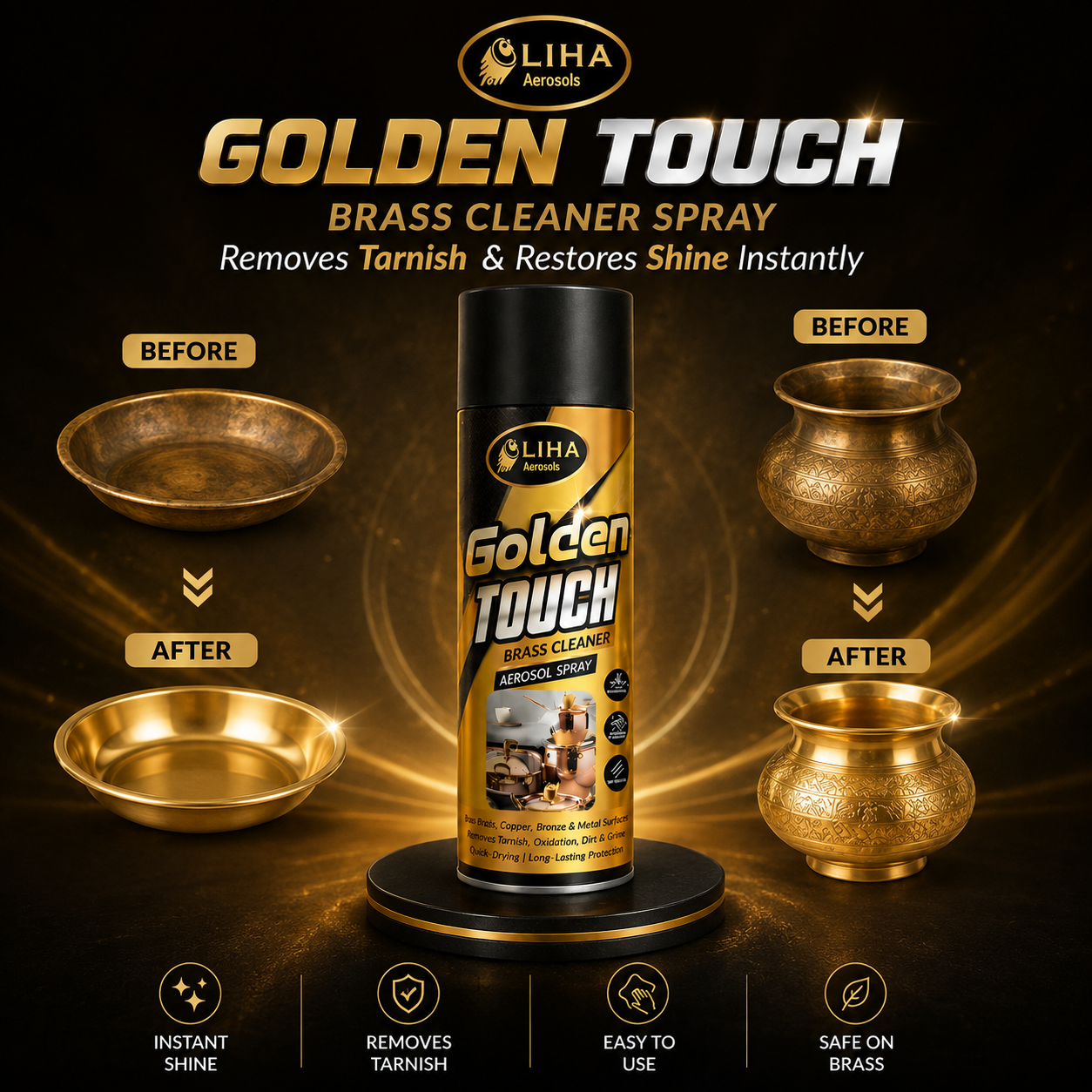 LIHA Golden Touch Brass Cleaner Spray – Removes Tarnish & Restores Shine Instantly