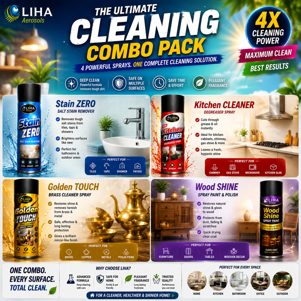 LIHA Complete Home Care Combo – Kitchen Cleaner + Stain ZERO + Golden Touch + Wood Shine | 4 Product Combo Pack