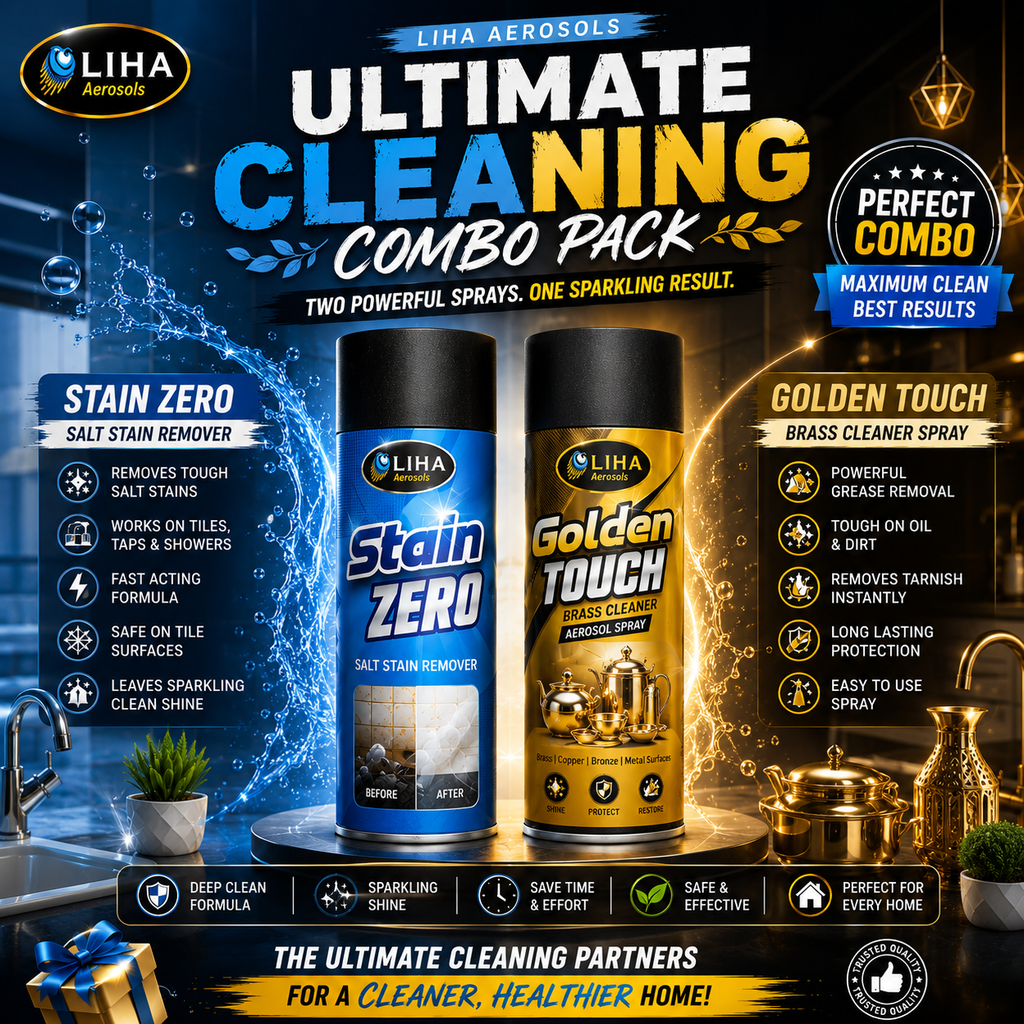 LIHA Ultimate Brass & Stain Cleaning Combo – Stain ZERO 500ml + Golden Touch Brass Cleaner Spray