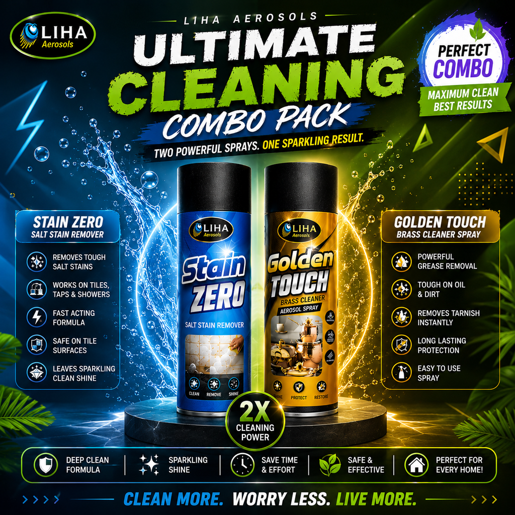 LIHA Ultimate Brass & Stain Cleaning Combo – Stain ZERO 500ml + Golden Touch Brass Cleaner Spray