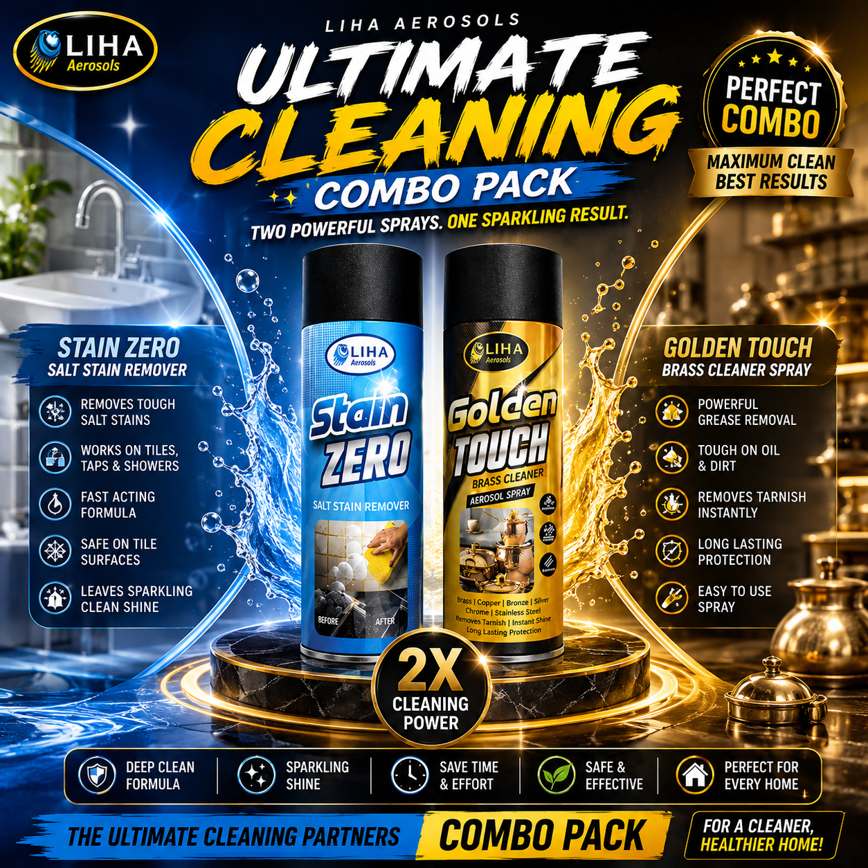 LIHA Ultimate Brass & Stain Cleaning Combo – Stain ZERO 500ml + Golden Touch Brass Cleaner Spray