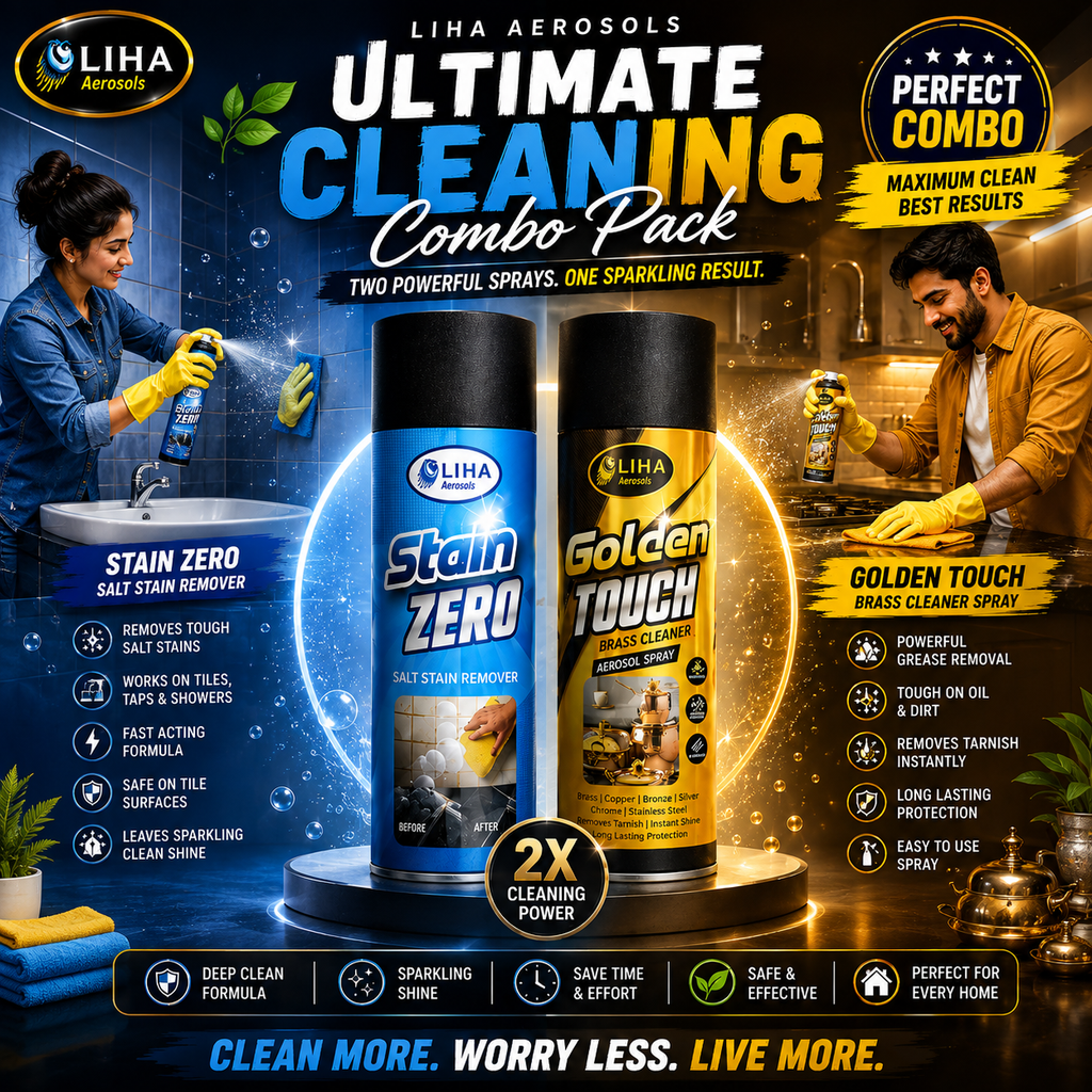 LIHA Ultimate Brass & Stain Cleaning Combo – Stain ZERO 500ml + Golden Touch Brass Cleaner Spray