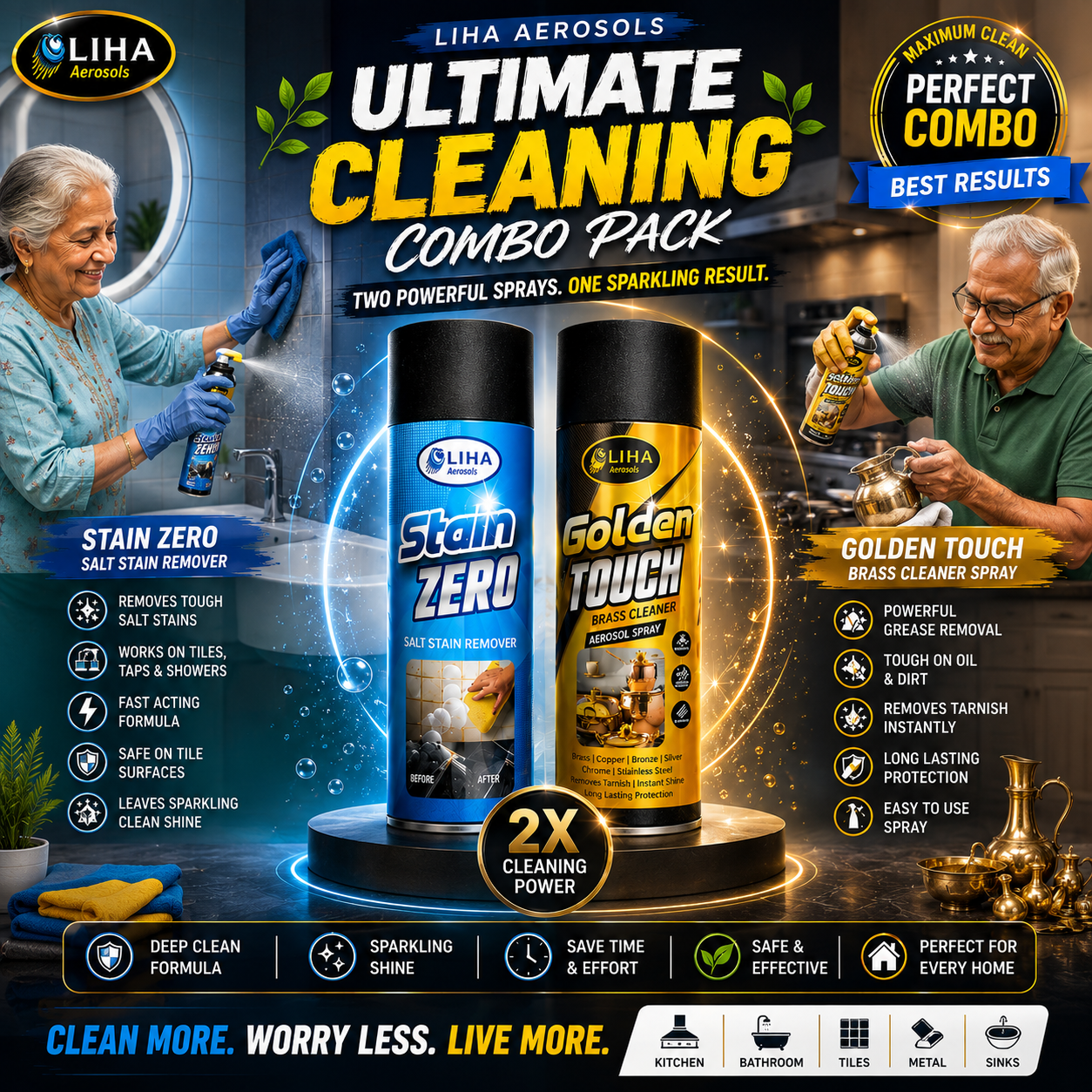 LIHA Ultimate Brass & Stain Cleaning Combo – Stain ZERO 500ml + Golden Touch Brass Cleaner Spray