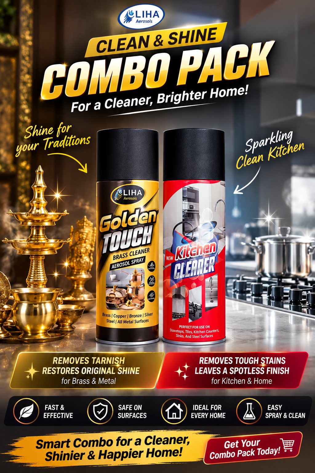 LIHA Ultimate Kitchen & Brass Cleaning Combo – Kitchen Cleaner 400ml + Golden Touch Brass Cleaner Spray