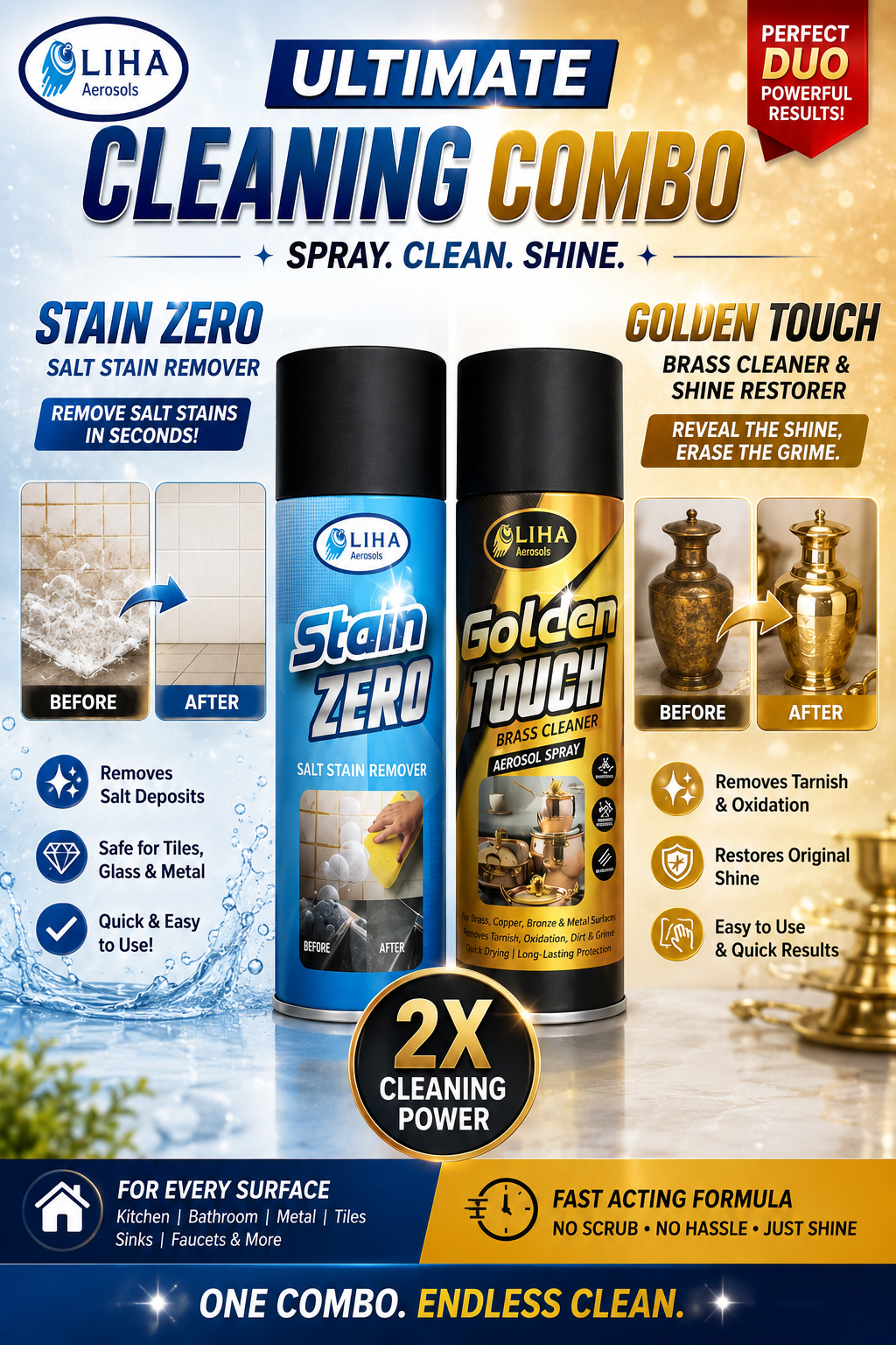 LIHA Ultimate Brass & Stain Cleaning Combo – Stain ZERO 500ml + Golden Touch Brass Cleaner Spray